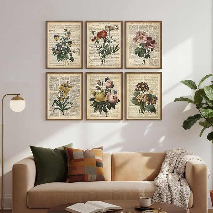 Framed Vintage Floral Wall Art, Set of 6 Colorful Flower Canvas Prints, Rustic Farmhouse Botanical Artwork for Bedroom Living Room Kitchen Dining Room Hallway Office Apartment Home Decor, 11x14 Inch
