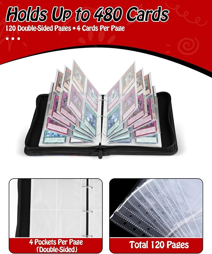 Trading Card Binder, 4-Pocket, Holds 480 Cards, 120 Pages Side-Loading Card Album, PU Leather, Acid-Free Archival Sleeves, Durable Organizer for MTG, TCG & Sports Cards, Gift for Kids, Boys and Girls