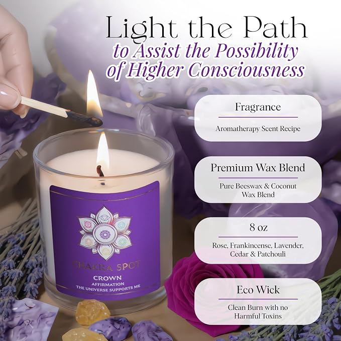 Scented Candles – Crown Chakra Candle for Spiritual Connection & Mindfulness | Rose, Frankincense, Lavender, Cedar & Patchouli, Beeswax & Coconut Blend - 8oz
