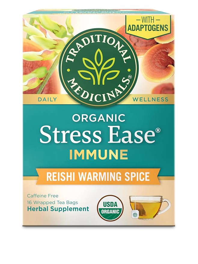 Traditional Medicinals Organic, Stress Ease Immune with Adaptogens, Reishi Warming Spice - Immune Support with Astragalus - Kosher, Non-GMO, Caffeine-Free, Compostable - 16 Tea Bags