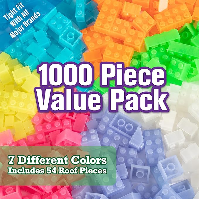 SCS Direct Building Block Bricks- Set of 1000 Pc Bulk- 7 Glow in The Dark Colors with 54 Roof Pieces - Compatible and Tight Fit with Major Brands- Great for Activity Table, School Projects