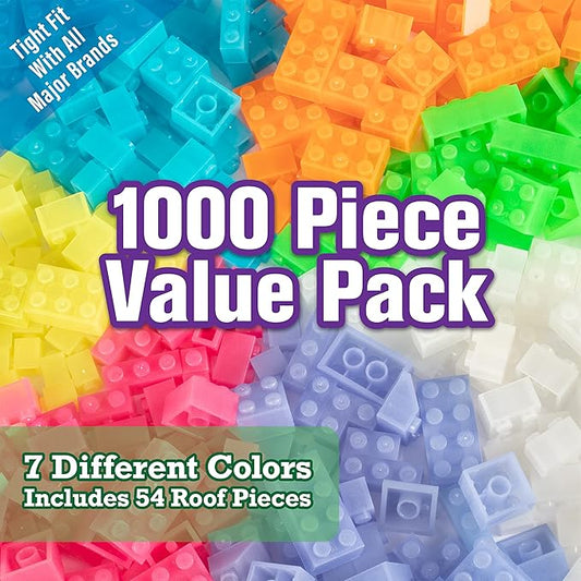 SCS Direct Building Block Bricks- Set of 1000 Pc Bulk- 7 Glow in The Dark Colors with 54 Roof Pieces - Compatible and Tight Fit with Major Brands- Great for Activity Table, School Projects