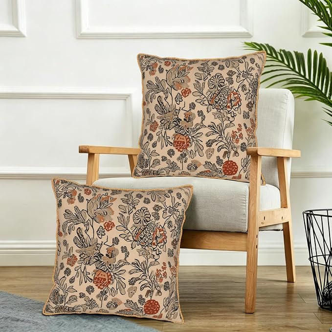 KSLIDS Art Boho Floral Soft Velvet Throw Pillow Covers Set of 2 Beige Rust Botanical Flowers Decorative Pillow Covers 18x18 Inch Farmhouse Vintage Pillow Case for Sofa Couch Living Room Home Decor