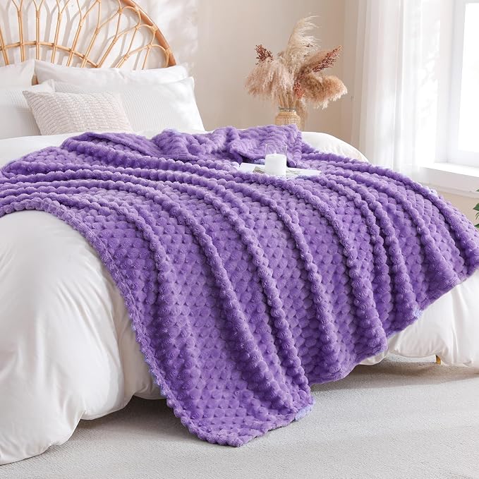 Lavender Fleece Throw Blanket 60”×80” for Couch Sofa Bed Super Soft Cozy Plush Microfiber Flannel Blanket with 3D Jacquard Decorative Lightweight for Mom Woman