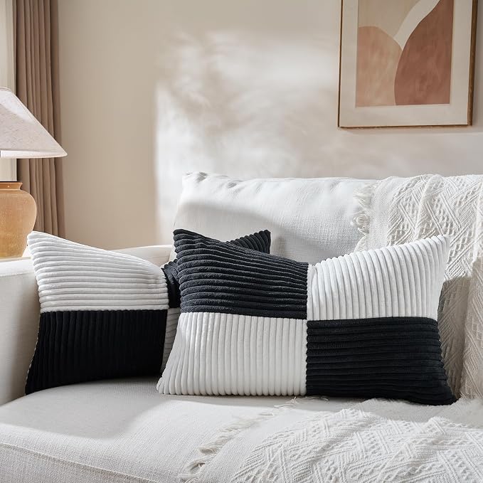 Fancy Homi Set of 2 Black White Long Lumbar Decorative Throw Pillow Covers 12x24 Inch for Couch Bed Sofa, Modern Farmhouse Boho Home Decor, Soft Striped Corduroy Rectangle Accent Cushion Case 30x60 cm