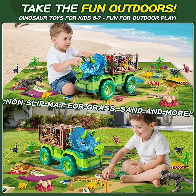 Dinosaur Cars Truck Toys for Kids 3-5 with 8 Dinosaur Figures, Activity Play Mat, Dinosaur Egg, Trees, Jurassic Play Set for Boys and Girls Ages 5-7