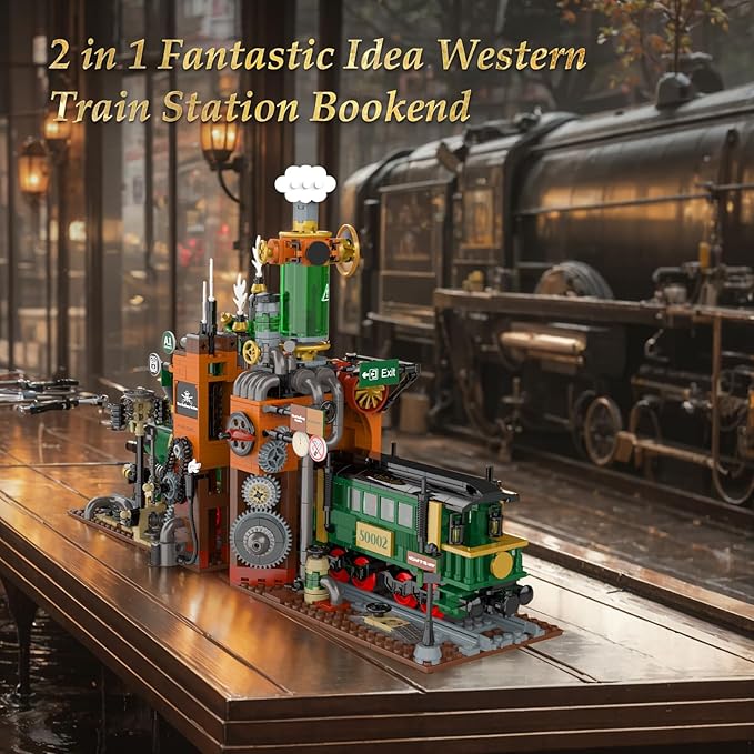JMBricklayer Steampunk Train Station Building Set - 2 in 1 Train & Bookends Set for Adults, Home Decor & Bookshelf Organizer, Ideal Collectible Model for Boy, Girl, Teen (1379 Pcs)