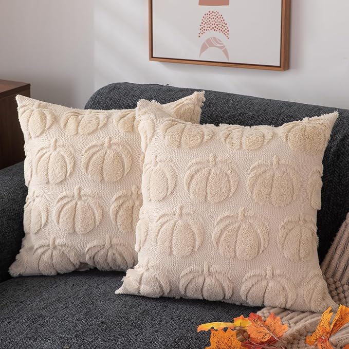 DFXSZ Fall Pillow Covers 16x16 2Pcs Beige Pumpkin Fall Decorations for Home | Fall decor Set of 2 Throw Pillow Cases Soft Plush Faux Fur Wool Couch Cushion for Chair Sofa Bedroom Living Room Home Decor