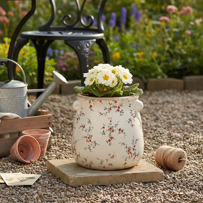 Shabby Chic Vase & Flower Pot with Drainage, 6.68" Ceramic Vases Pottery | Indoor/Outdoor Planter, Country Chic Decor, Perfect for Office Room Garden Balcony Mantel Fireplace Table & Shelf, Red Floral