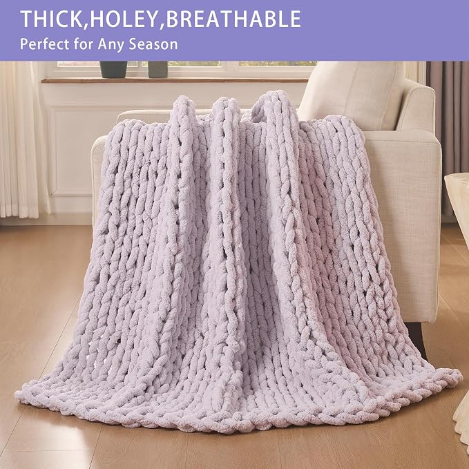 Bigacogo Chunky Knit Throw Blanket for Couch, 40x60 inches, Berry Haze | Hand Knit with Jumbo Chenille, Soft Breathable Cable Knit for Sofa Bed Living Room, Machine Washable, Gift for Mom Friend