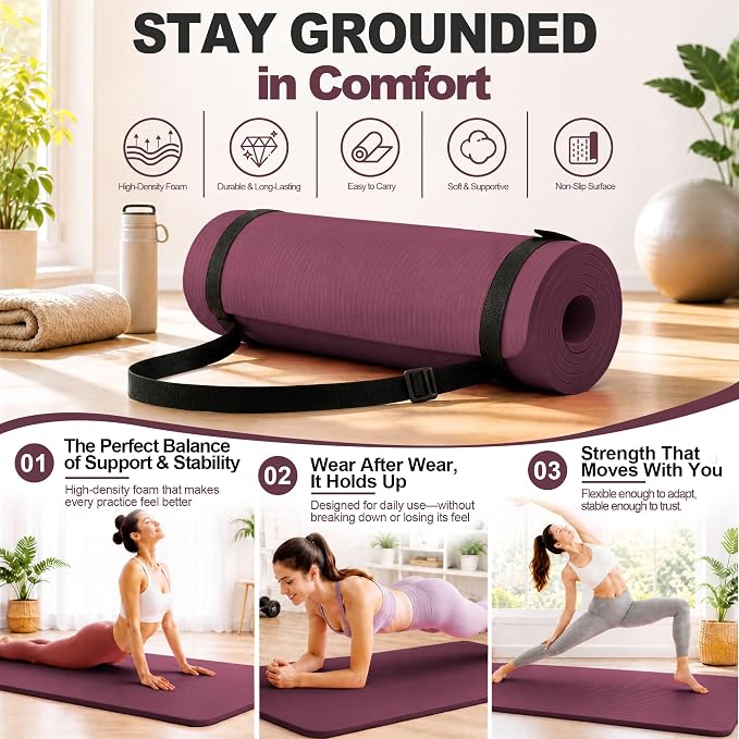 HULKFIT High Density Non Slip Yoga Mat, Extra Thick Exercise Mat with Carrying Strap, for Pilates, Fitness, Home Gym & Floor Workouts - Multiple Thickness & Multiple Color
