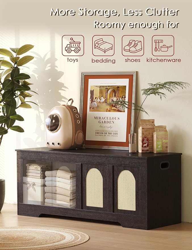 Storage Chest, Wooden Toy Box, Espresso Oak 47.2" L | Entryway Shoe Bench, 2 Safety Hinges, Finger-safe Flip-Top, Easy Assembly, Farmhouse Large Trunk, Rattan, Living Room/Bedroom
