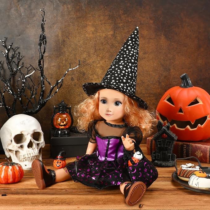 18 Inch Doll Clothes Accessories, Halloween Witch Costume Candy Corn Suit Set with Witch Hat Candy Bag for Doll Halloween Costumes Gifts