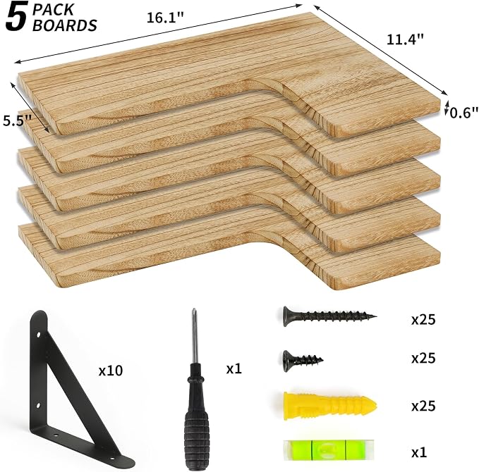 Fixwal Conner Shelves Wall Mounted for Decor, Carbonized Black 5pcs | Solid wood shelf with metal brackets, holds 40 lbs. Optimizes corner storage. Fits bathroom, kitchen, bedroom & living room.