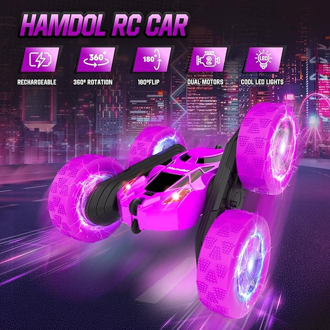 Remote Control Car for Kids Stunt RC Cars with Cool Wheel Lights Double-Sided Driving 360-degree Rotation Boys Toys for Ages 6 7 8 9 10-12 Kids Gift Ideal(Purple)