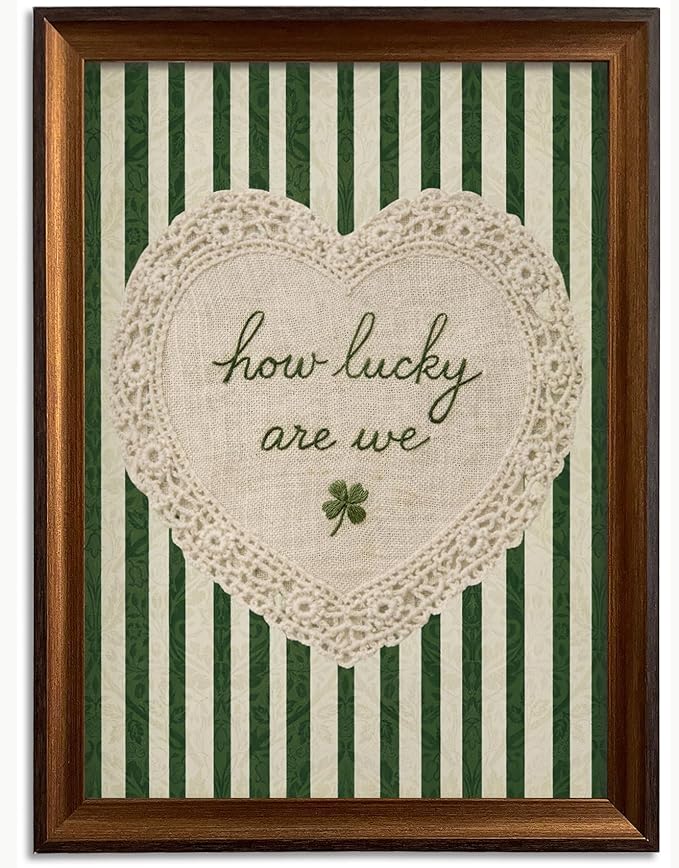 Framed How Lucky Are We Wall Art Vintage Inspirational Quotes Decor Print | Green Striped Lace Heart Aesthetic Painting Poster Trendy Preppy Canvas Picture for Bedroom Collage Ready to Hang 8x10in