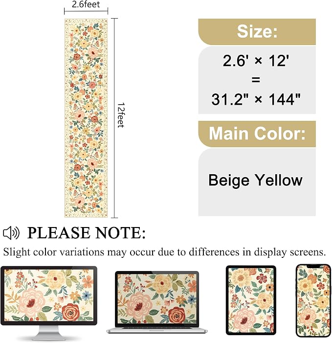 DUKINO 2.6x12 Kitchen Runner Rug, Floral Non Slip Washable Rug Beige Yellow | Low Pile, Stain Resistant, Soft Indoor Rug Runner for Hallway, Entryway, Bedroom, Bathroom, Laundry, Pet Friendly, Home Decor