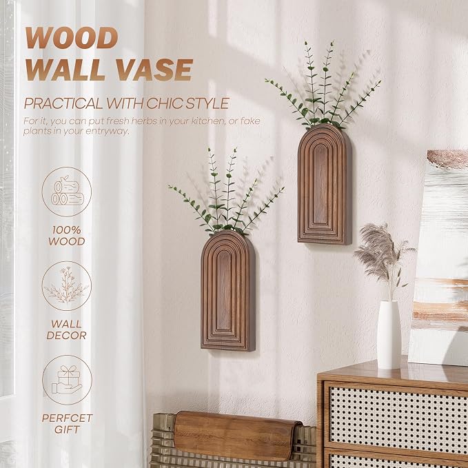 EOSAHR Rustic Wall Vase: Wall Planter for Hallway Decor for Entryway, Brown | 2Pcs, Pine Wood, Hanging Planter, Wall Art for Living Room, Farmhouse Wall Decor, Suit to Hold Pampas Grass