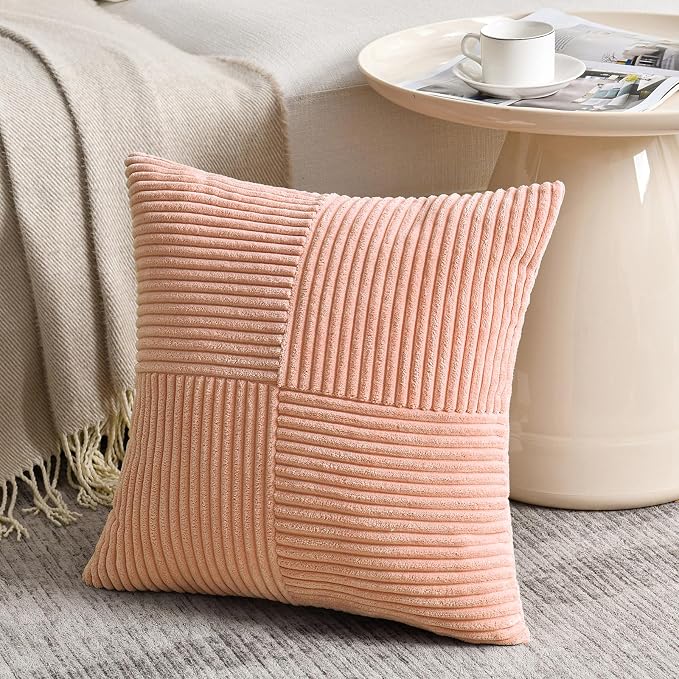 Fancy Homi 2 Packs Peach Decorative Throw Pillow Covers 18x18 Inch for Living Room Couch Bed Sofa, Rustic Boho Farmhouse Home Decor, Soft Corss Corduroy Patchwork Textured Square Cushion Case 45x45 cm