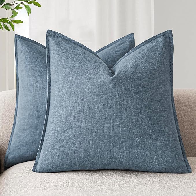 Foindtower Set of 2, Decorative Linen Solid Throw Pillow Covers Soft Accent Cushion Euro Case Boho Farmhouse Pillowcase for Chair Couch Sofa Bedroom Living Room Home Decor 20 x 20 Inch Misty Blue