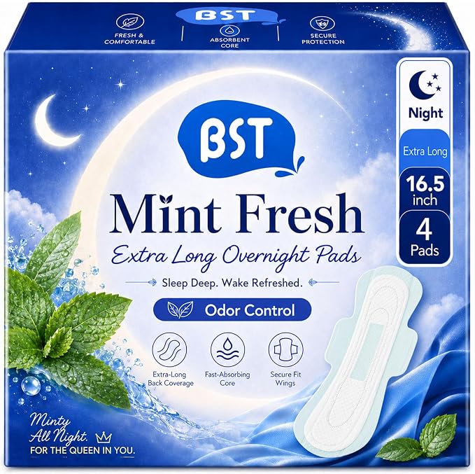 BST Mint Fresh Extra Heavy Overnight Pads for Women, Period Pads with Wings, Feminine Care, Ultimate Absorbency, Odor Control Sanitary Napkins（4 Count, Packaging May Vary）