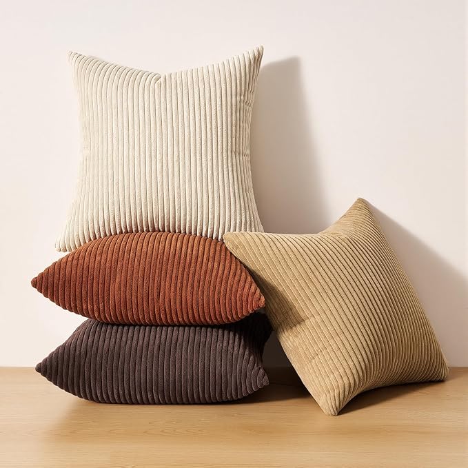 Topfinel Beige Brown Gradient Farmhouse Pillow Case 24x24 Decorative Pillow Covers Set of 4 Rustic Modern Soft Corduroy Striped Cushion Covers for Sofa Couch Living Room Bedroom