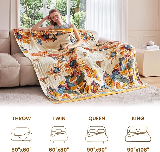 MSGKV Boho Throw Blanket 80"x90" 100% Cotton Muslin Floral Blanket for Bed | Cotton Floral Throw, Muslin Blanket, Summer Breathable, Travel Friendly, Lightweight Comfort, Home Decor, Machine Washable