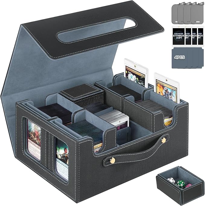 Trading Card Storage Box for MTG, MTG commander deck box，Multi-purpose Deck Case for MTG TCG Sports Card, 4 Toploaders, 4 Stoppers, 4 Colorful Dividers (Black & Grey)