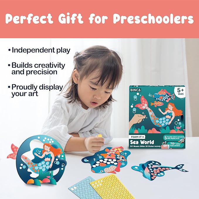 BINCA Foam Sticker Mosaic Art Activity, 750+ 3D Glitter Foam Stickers, 5 Underwater Animals with Display Arch, DIY Mess-Free Activities, Felt Craft Kits & Gifts for Boys & Girls Ages 5,6,7,8
