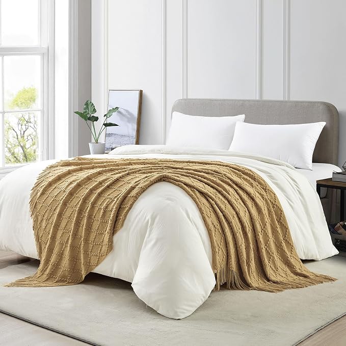 BOURINA Mustard Throw Blanket 50 x70 Inch Jacquard Throw Knitted Blanket | Jacquard Argyle Throw Textured Solid Soft Throws and Blankets for Sofa or Bed Knitted Decorative Blanket