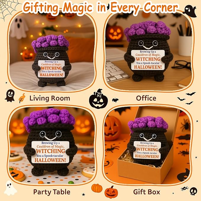 MAMAGIFTREE Crochet Cauldron Plush - Spooky Cute Halloween Decorations for Witchy Desk Decor, Mini Amigurumi Figurine for Tiered Tray, Kawaii Witchy Gift