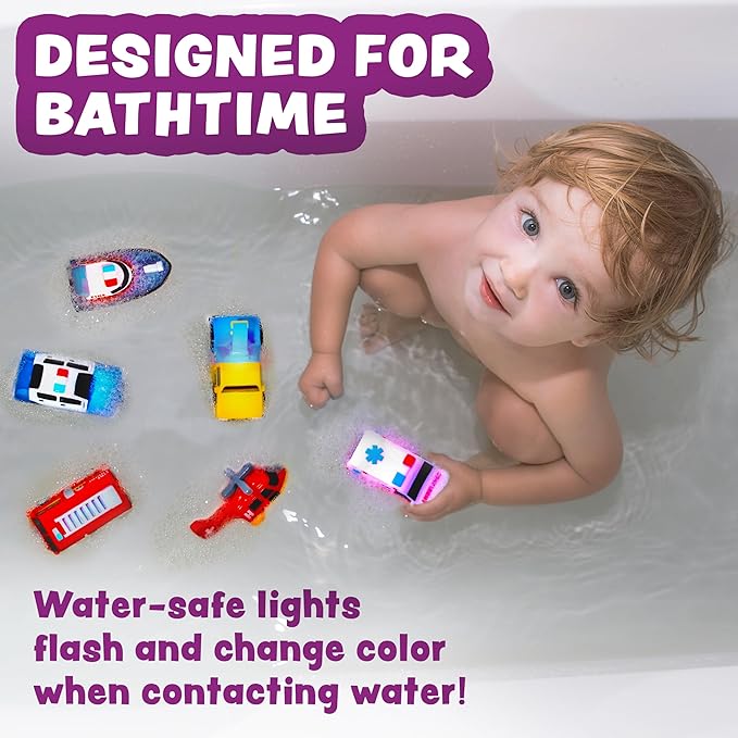 Tub Works® Emergency™ Cars Light Up Bath Toys, 12 Pack | Water-Activated Light Up Toys Flash & Change Color | Easy-Grip Baby & Toddler Bath Toys | Sensory Toys with Bath Lights for Kids Bath