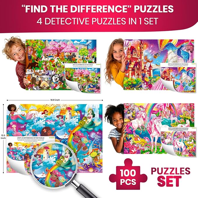 QUOKKA 100 Piece Puzzles for Kids Ages 4-6 – 4 Jigsaw Puzzles for Kids Ages 6-8 – Search and Find Unicorn Princess Mermaid Toys for Children 8-10 yo – Educational Game Gift for Boys & Girls