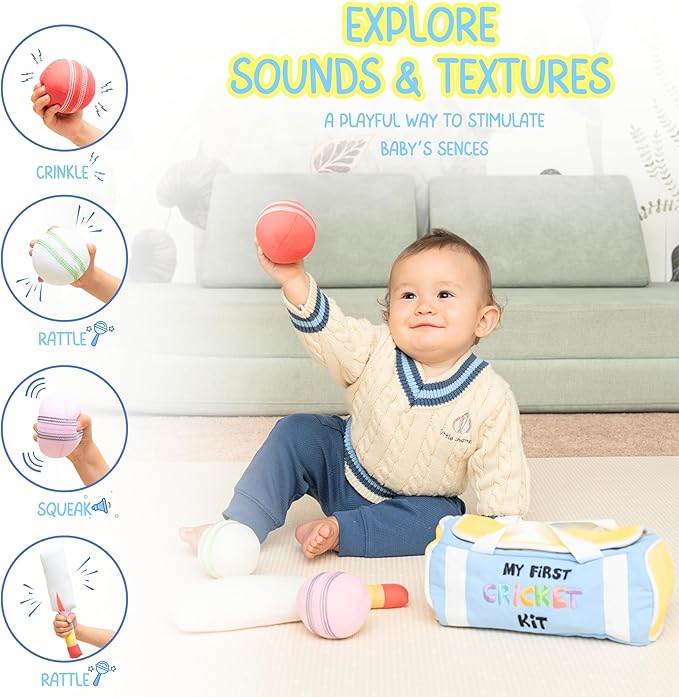 My First Cricket Kit | Cotton Soft Plush Toy | Gift Baby and Infant 0+ Months | 3 Soft Sensory Cricket Balls – Rattle, Crinkle, Squeaker & 1 Rainbow Rattle Cricket Bat | Safe, Fun, Educational