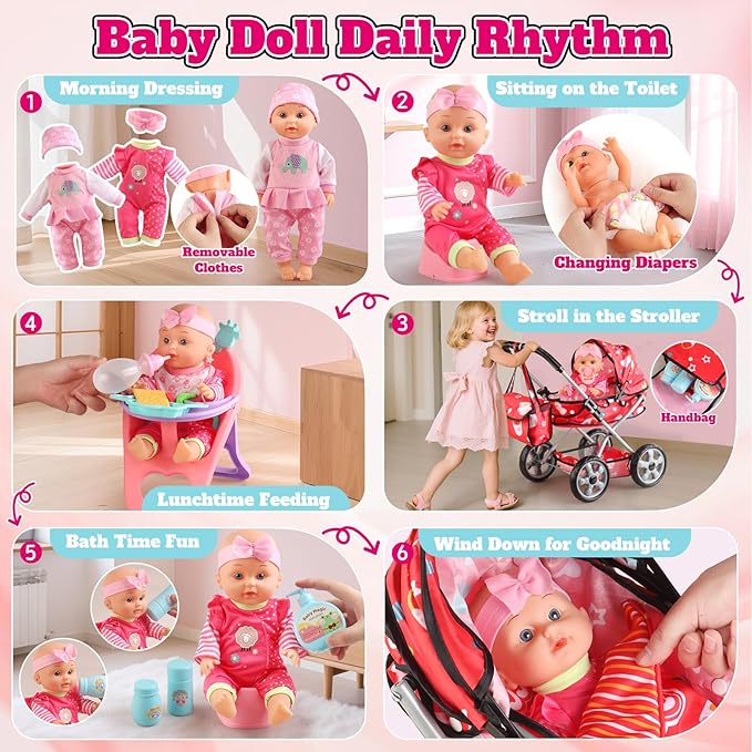 Baby Doll Stroller Set for Toddler Girls 3-5, A 12.5" Babydoll with Baby Doll Accessories, Pillow, Blanket & 2 Sets Clothes, Doll Toy Stroller for Kids, Gifts 3 4 5 Year Old Girls Toys