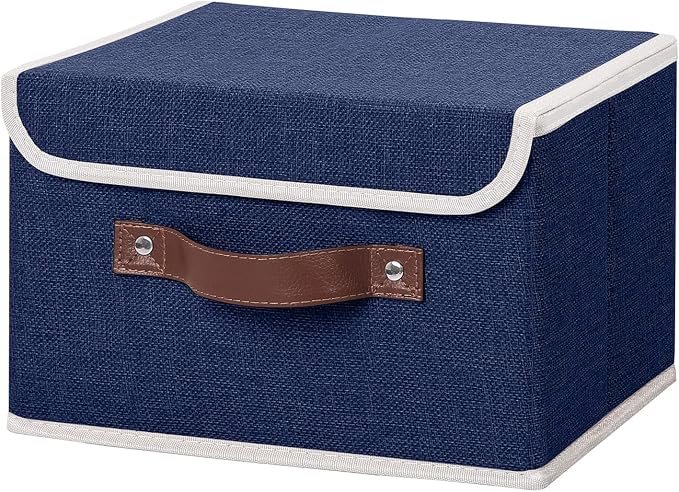 ANMINY Fabric Storage Box Bins with Lids, Blue, 10"x8"x7" | Keepsake Memory Storage, Cotton Linen, PP Board Reinforced, Washable, PU Handles, Foldable & Stackable, Decorative, Small