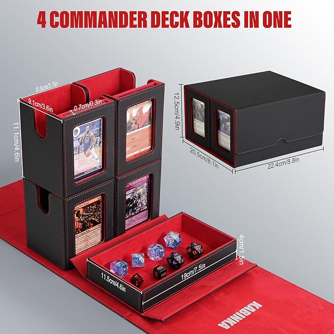 Kabinka Card Deck Box for MTG Commander, Holds 400+ Double-Sleeved Cards, 5 IN 1 Detachable Card Case with Dice Tray, Fits Magic/TCG Cards, 4 Magnetic Card Holders & Dividers (Black Red)