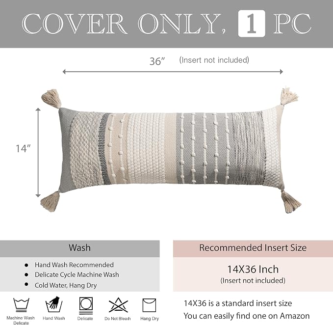 Gray Boho Lumbar Throw Pillow Cover 14x36 Grey Accent Long Body Lumbar Pillow for Bed Decorative Modern Bohemian Woven Textured Lumbar Pillow for Bed Cover ONLY