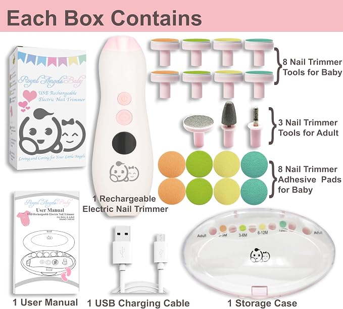 Royal Angels Rechargeable 22 in 1 Baby Nail Trimmer with LCD Display, Labeled Case, 13 Extra Pads, Safe Quiet LED Light Electric Baby Nail File Kit for Newborns Toddlers (WhitePink)