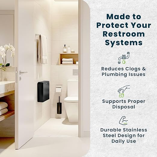 Alpine Sanitary Napkin Receptacle – Wall Mounted Tampon Holder for Bathroom Provides Clean & Odor-Free Restroom for Home, Office & Public Restrooms (Black)