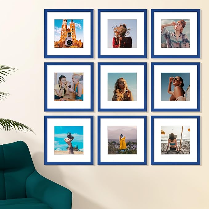Vittanly 12x12 Picture Frames Set of 9 for Wall Mounting, Blue | Display Pictures 8x8 with Mat or 12x12 without Mat for Wall Mounting, Square Photo Frames for Home Decor, Engineered Wood