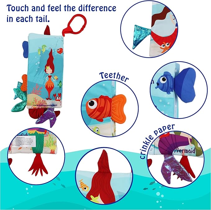 bebe mondo Fish Baby Books Toys 0-6-12-18 Months,Touch Feel Crinkle Soft Cloth Books for Babies Infant Newborn, Baby Girl Boy Shower Toys,Teething Teethers,Stroller Toy-Mermaid