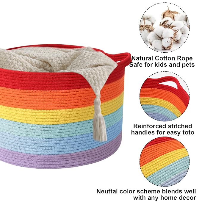 65L Large Blanket Basket,Rope Woven Laundry Basket-Rainbow | Collapsible, reinforced handles, nursery storage bin organizes clothes, toys and pillows for living room, bedroom bathroom