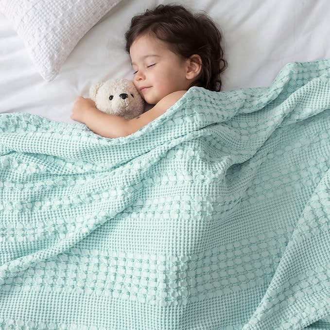 PHF 100% Cotton Waffle Weave Blanket King Size, Lightweight Breathable Summer Blanket for Hot Sleepers, Pre-Washed Soft Layer for Bed, Couch, Home Decor Gift, 108"x90", Mint