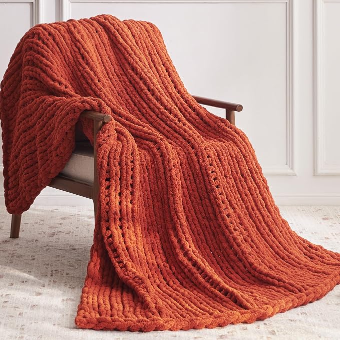 Negwoo Chunky Knit Throw Blanket, Knitted Throw Chenille Yarn, 80"*90" | Soft Thick Cable Knitted Blankets, Handmade Big Thick Blanket, Machine Washable Cute Comfy Blanket for Home Decor, Orange