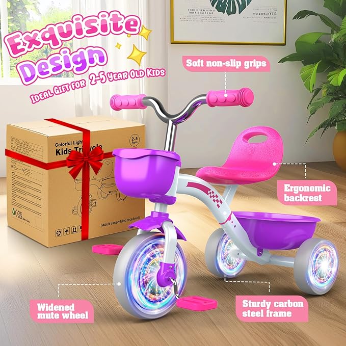 Toddler Tricycle for 1-3 3-5 Year Olds, 2 3 4 5 Year Old Girl Birthday Gifts, Toddler Baby Bike, Outdoor Riding Toys for Ages 2-4, 4-Level Adjustable Seat, 3 Color Light Wheels, 2 Baskets