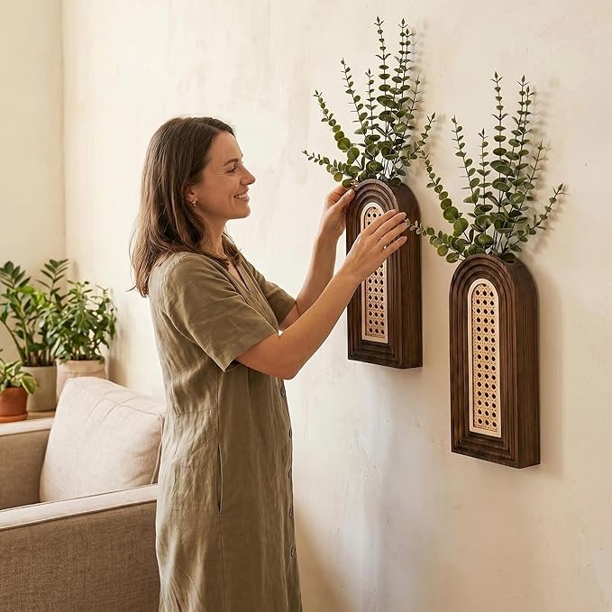 Dnnnii 2 Pack Wooden Wall Vase Set - Dark Brown Finish Hollow Rattan Modern Farmhouse & Boho Wall Decor for Entryway, Hallway, Bathroom, Living Room, Dining Room, Narrow Spaces