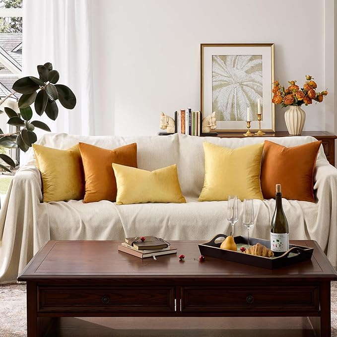GIGIZAZA Yellow Velvet Pillow Covers 26x26 Decorative Pillows Pack of 2 | Throw Pillows for Couch,Euro Sham,280gsm Soft Textured Fabric,Modern Pillowcases,Luxury Cushion Covers
