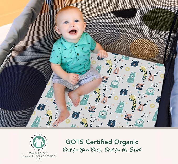 100% Organic Cotton Fitted Sheets Perfectly Compatible with Graco Pack n Play, Babyletto, Pamo Babe, Hiccapop, Dream on Me, Evenflo, Baby Trend Portable/Mini Crib/Playards. 2 Pk