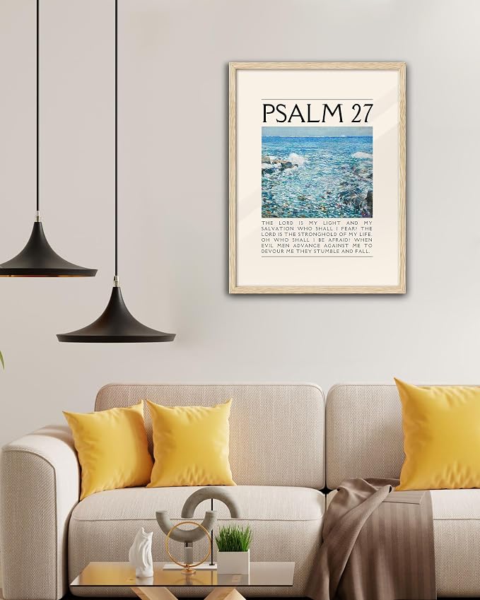 EcoHest 12x16 in Psalm 27 Ocean Framed Bible Verse Christian Wall Art | Natural Oak Wood Frame with Canvas Wall Art, Coastal Scripture Wall Decor for Bedroom, Living Room, Office, Church, 1Pack
